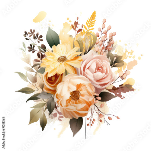 a bouquet of flowers, greens and leaves,