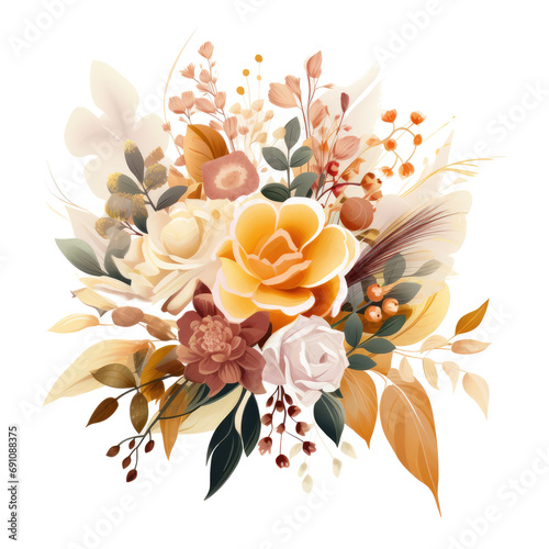 a bouquet of flowers, greens and leaves,