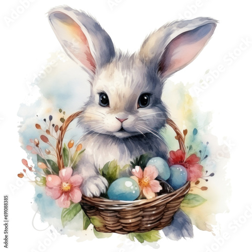 cute watercolor easter bunny with basket of flowers and colorful easter eggs ...