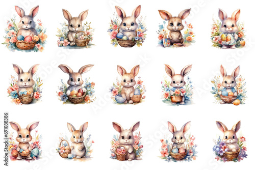 cute Watercolor Easter Bunny with Basket of flowers and Colorful Easter Eggs ...