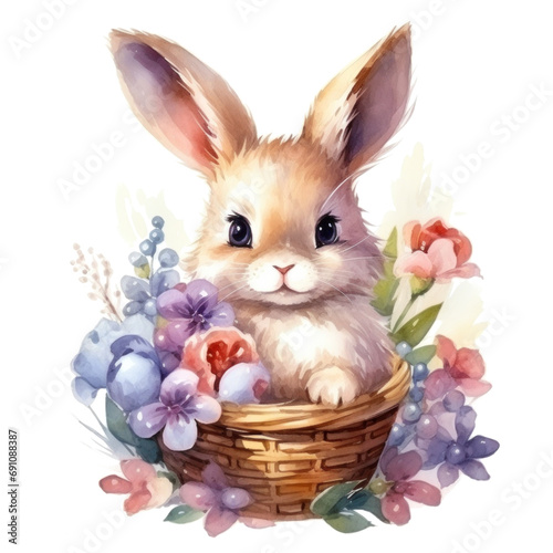 cute watercolor easter bunny with basket of flowers and colorful easter eggs ...