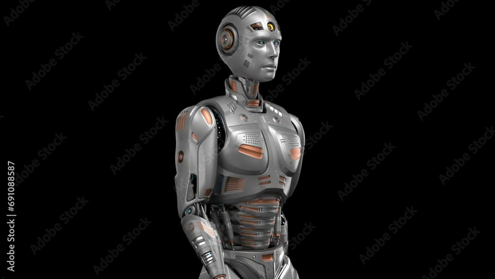 Futuristic robot man walk cycle or humanoid cyborg walking in loop. 3d rendering animation of the upper body. Front side view isolated on black background with alpha Futuristic robot man walk cycle or humanoid cyborg walking in loop. 3d rendering animation of the upper body. Front side view isolated on black background with alpha
