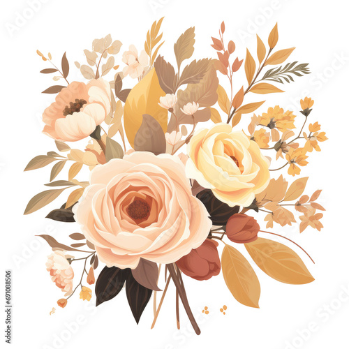 a bouquet of flowers, greens and leaves,