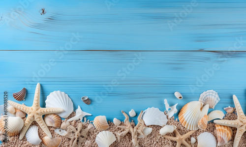 Beach, pebbles, starfish, shells, beach sand on blue wooden background, copy space