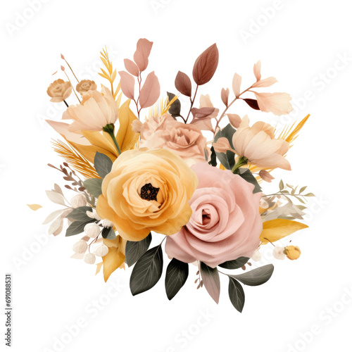 a bouquet of flowers, greens and leaves,