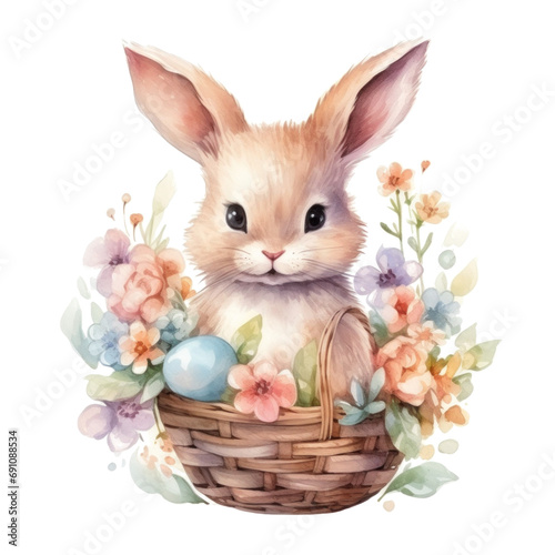 cute watercolor easter bunny with basket of flowers and colorful easter eggs ...