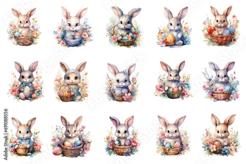 cute Watercolor Easter Bunny with Basket of flowers and Colorful Easter Eggs ...