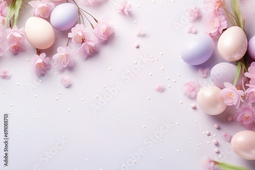 A "Happy Easter" banner delicate color scheme with a place to copy it. Traditional colored Easter eggs with various ornaments. Illustration, Design
