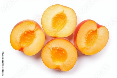 Some peaches that cut to half isolated on white background, halves of nectarines, juicy slices of peach, sliced chopped nectars, core removed, generated by AI.