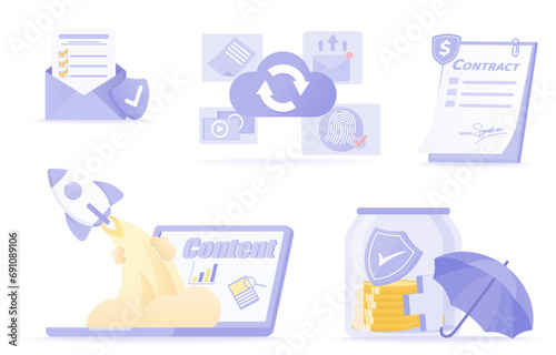 Business ideas collection set. Digital marketing, cloud computing, contract document, creative content, health insurance. Flat vector design illustration.