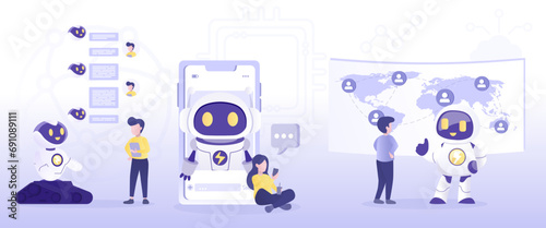 Artificial Intelligence (AI) and online communication technology collection set. Global connection, communication, talking, chatting, conversation, assistant and innovation. Flat vector illustration.