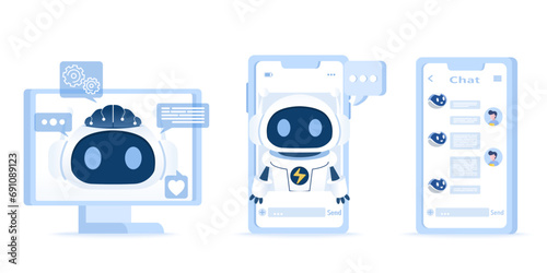Artificial Intelligence (AI) and online communication technology collection set. Online communication, assistant, chatting, talking, and thinking. Flat vector design illustration.