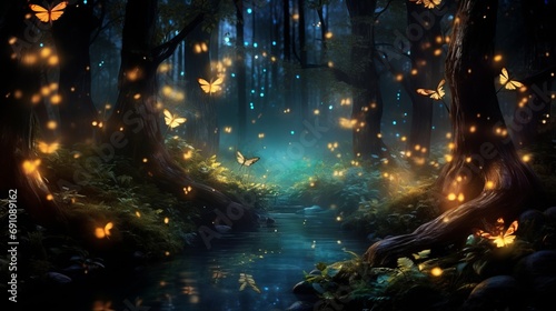 Fireflies in a magical forest.