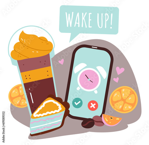 Smartphone with alarm clock morning coffee breakfast concept. Vector graphic design illustration