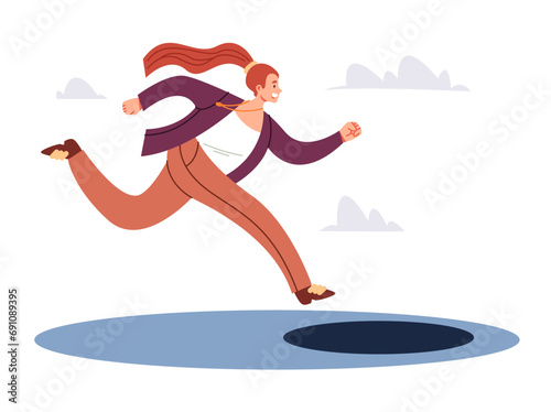 Busy people character going on the street and did not see open manhole concept. Vector design graphic illustration