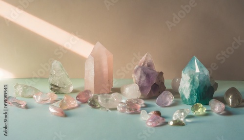 vari tipi di cristalli sparsi su uno sfondo pastello generato con ai photo