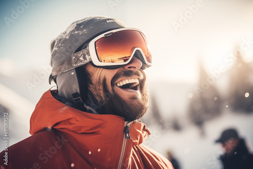 Mann mit Skibrille im Winterpanorama, Skifahren, Snowboardfahren und Langlauf photo