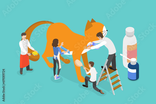3D Isometric Flat Vector Illustration of Cat Grooming, Pet Care, Health and Hygiene
