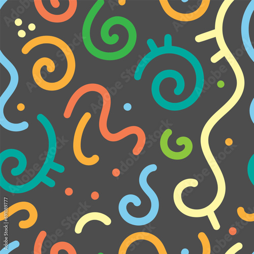 Seamless abstract pattern on dark background. Vector doodle image. Graphic linear wallpaper.