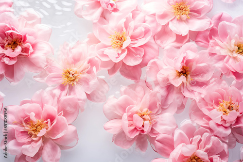 Pink Peony Flowers in Water on a White Background, Spa and Cosmetic Concept Background, Generative AI