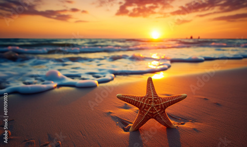 Seashells and starfish on the beach ocean and sunset sky background