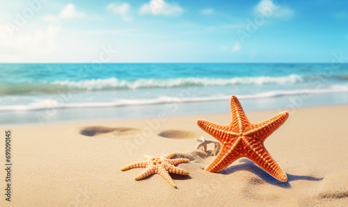 Seashells and starfish on the beach ocean and sky background