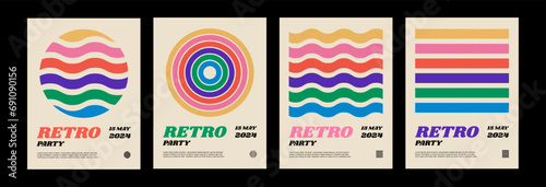 Retro line rainbow posters pack. 1970 waves for a vintage style music party. Vector illustration.