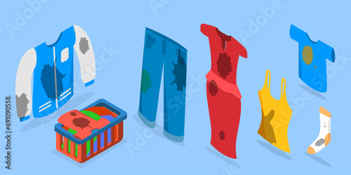 3D Isometric Flat Vector Set of Dirty Clothes, Apparel with Stains