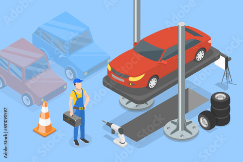 3D Isometric Flat Vector Illustration of Auto Mechanic, Car Service