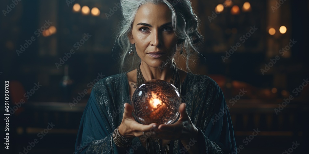 An astrologer or fortune teller woman reads the future and fate. Horoscope concept. Generative AI - obrazy, fototapety, plakaty 