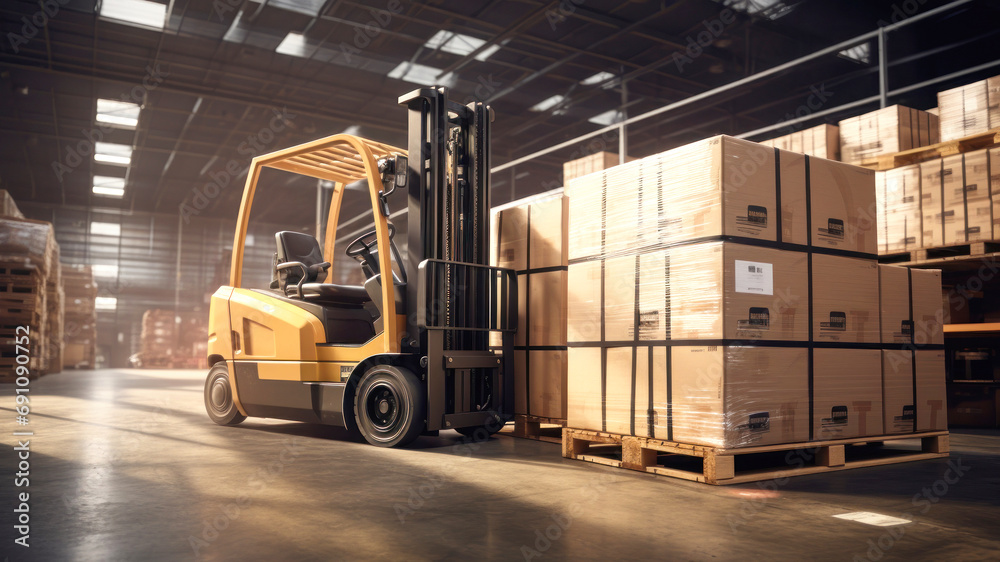 Naklejka premium A modern forklift for working in a warehouse, loading, unloading and transporting goods. Logistics warehouse.