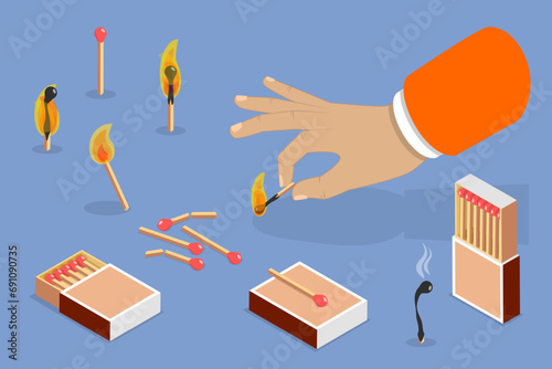 3D Isometric Flat Vector Illustration of Matchstick Box, Wooden Sticks for Making Bonfire Outdoor