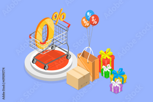 3D Isometric Flat Vector Illustration of 0 percent Interest Fee, Zero Percent Special Offer