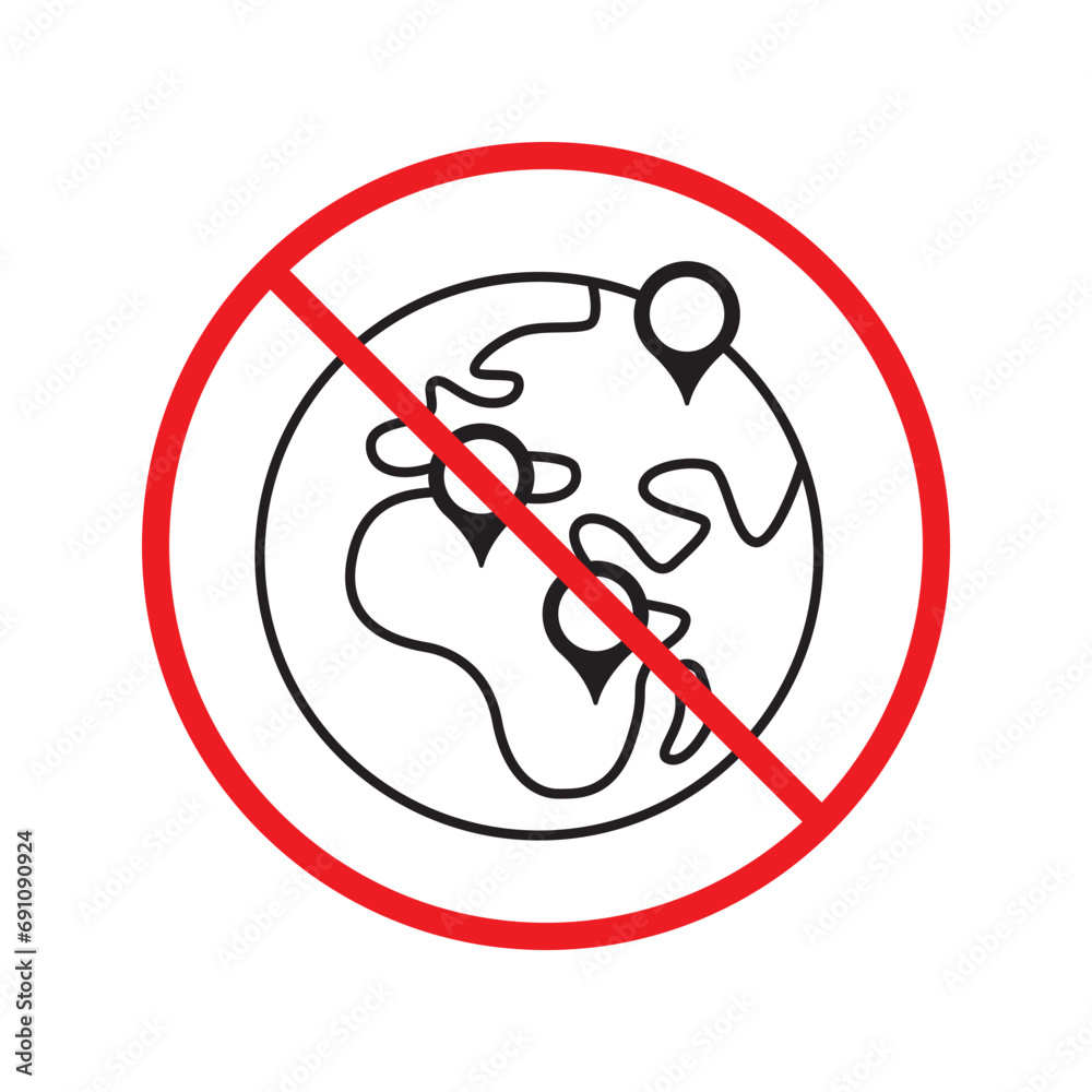 Forbidden globe vector icon. Prohibited earth icon. No globe flat sign design. Warning, caution, attention, restriction, danger label ban earth symbol pictogram Forbidden globe vector icon. Prohibited earth icon. No globe flat sign design. Warning, caution, attention, restriction, danger label ban earth symbol pictogram