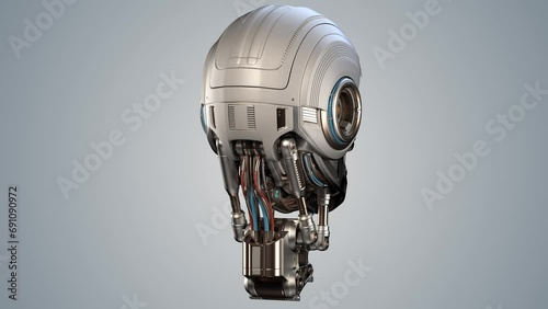 Turntable 360 degree animation of futuristic robot head or metallic humanoid cyber face. 3d rendering isolated on color background with alpha