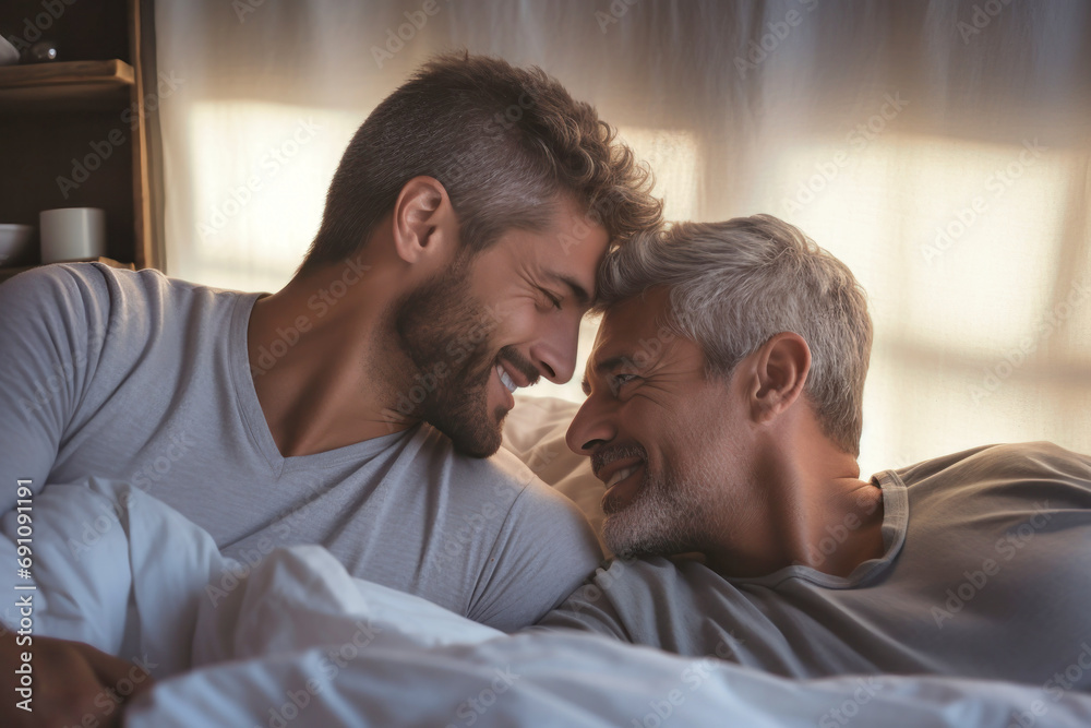 Couple of spirit men in love in the morning in bed. LGBT concept. Love and romance of two people. Tenderness and relaxation. Happy morning for gay lovers.