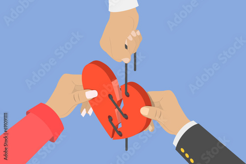 3D Isometric Flat Vector Illustration of Reconciliation , Sewing up a Broken Heart photo