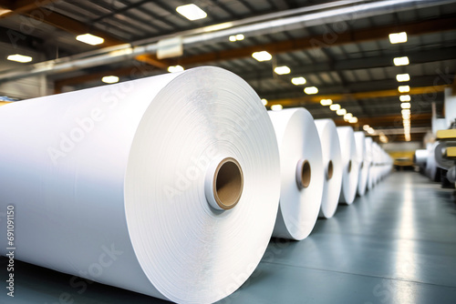 Large rolls of paper at a paper and cardboard production plant. Finished products. Rolls of paper for further processing.