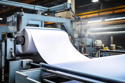 Automated equipment for paper production. Paper production plant. Machines that roll paper into rolls. photo