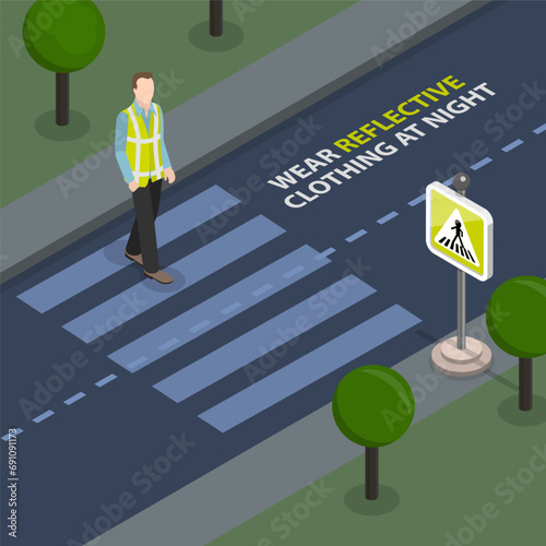 3D Isometric Flat Vector Illustration of Safety Crosswalk, Crossing Road at Night