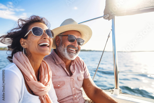 An elderly couple sits in a boat or yacht against the backdrop of the sea. Happy and smiling. They look at the waves and hug. Sea voyage, vacation © Anoo