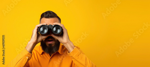 Man looking through binoculars on yellow background. Find and search concept