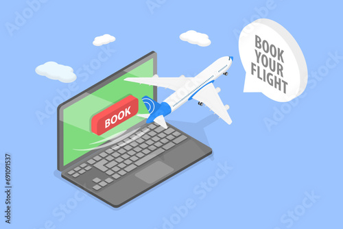 3D Isometric Flat Vector Illustration of Flight Tickets Online Booking Service, Airline Traveling