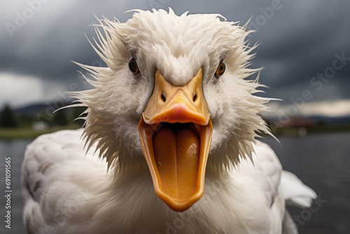 Aggressive duck attacks. Close up portrait shot of angry goose with open beak photo