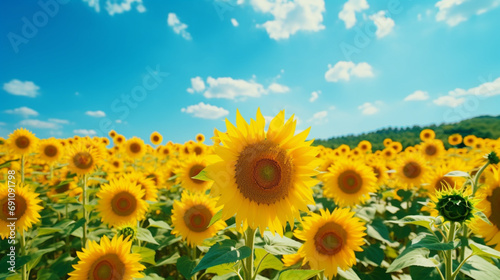  A picturesque field of sunflowers stretching towards the horizon, the golden blooms captured with precision by an HD camera, symbolizing the essence of summer