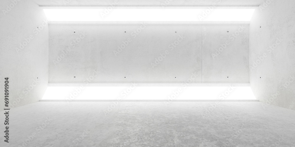 Abstract empty, modern concrete room with angled area light at the back top and bottom and rough floor - industrial interior background template - obrazy, fototapety, plakaty 