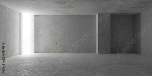 Abstract empty, modern concrete room with angled area light at the left, pillar and rough floor - industrial interior background template