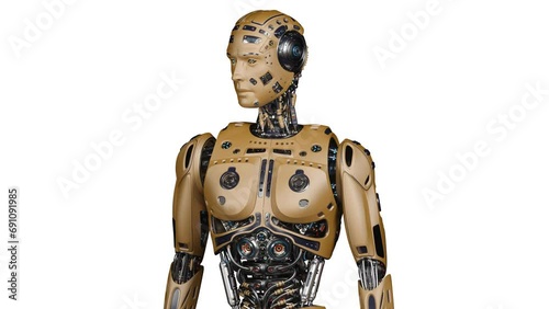 Futuristic robot man walk or male humanoid cyborg steps from right to left side of the screen. Upper body isolated on white background with alpha. 3d rendering animation