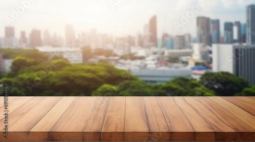 Modern Wooden Table Top on Glass Window Wall - Abstract Interior Design Concept for Minimalistic Home or Office Spaces with Stylish Perspective and Natural Ambiance.
