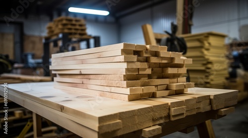 A stack of freshly planed wooden planks on a workbench in a woodworking shop.